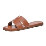Rihero Women's Dressy Flat Sandals Comfortable Slip On Leather Slide Sandals, Brown, 7.5