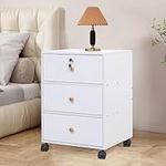 Nozama Nightstand Bedside Cabinet with Rolling Wheels &Lock, Mobile File Cabinet, Printer Stand Storage Under Desk Wood Filing Drawer for Bedroom Living Room, 3 Drawers White, 40CMX37.5CMX57.7CM