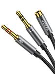 UGREEN Headphone Mic Splitter 2 Way Braided 3.5mm Jack Audio Adapter 24K Gold-Plated TRRS Female to Dual TRS Microphone Aux Cable Compatible with PC Gaming Headset Earphone Speaker Laptop Xbox PS5 PS4