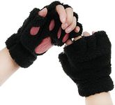 FakeFace Cute Cat Kitten Paw Fingerless Faux Fur Plush Gloves For Girls Women, Black, Small