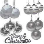 BANBERRY DESIGNS Silver Christmas Tree Ornaments - Set of 12 Silver Christmas Balls and 1 Silver Merry Christmas Sign - Xmas Party Decorations Ornament Combo Pack- Shatterproof Holiday Ornaments