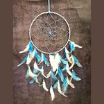 Economique® Dream Catchers, Wall Hangings, Home Decor, Handmade Room Decor Items for Bedroom, Balcony, Party, Cafe, Ring Beaded with Navy Blue & White Feather (Light Blue)