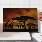 Lunarable Africa Cutting Board, Safari Animal with Giraffe Crew with Majestic Tree at Sunrise in Kenya, Decorative Tempered Glass Cutting and Serving Board, Large Size, Burnt Orange and Black