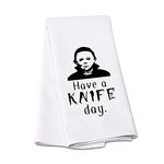 G2TUP Funny Halloween Kitchen Towel, Have A Knife Day Flour Sack Dish Towel, Horror Fan Tea Towel, Horror Friends Hand Towel with Saying, Perfect Housewarming Gift (Have A Knife Day)