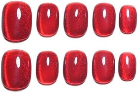 Sun&Beam Nails Handmade Press-on Square Round Red Ruby Magnet False Nail Tips Design Fashionable 10 Pcs Set (#163 S)