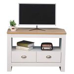 CF Furniture Corner 2 Drawers TV Unit with Shelf,TV Cabinet Storage Living Room White,Entertainment Small Sideboard for TV Modern Style- White+Oak,85x39x58cm/33.46x15.35x22.83inch