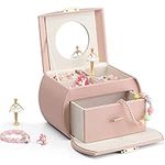 Vlando Girls Jewellery Box with Drawer, Music Box with Ballerina and Stickers for Bedroom Decor, Gifts for Girls Kids, Pink