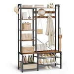 VASAGLE Hall Tree with Bench and Shoe Storage, Hallway Coat Rack with Shoe Bench and 5 Storage Shelves, 9 Coat Hooks and 6 Side Hooks, 140 x 120 x 190 cm, Vintage Brown and Ink Black HSR426B01