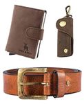 HIDE & SKIN Tan Tiger Genuine Leather Unisex RFID Card Holder, Belt, and Keychain Combo Gift Box