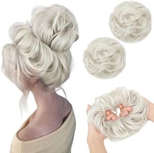 SARLA 2PCS Messy Hair Bun Hair Pieces Wavy Curly Synthetic Updo Fake Scrunchies Ponytail Extension for Women Ice Blonde
