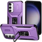 Samsung Galaxy S23 FE 5G Case with Slide Camera Lens Cover, Ring Kickstand Holder Shockproof Military Grade Phone Cover Armour Heavy Duty Hard PC Proteceive Case for Samsung Galaxy S23 FE, Purple