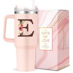 Personalized 40oz Tumbler with Handle,Customized Gifts for Women,Custom Mug Colorful Floral Letter E Insulated Cup,Monogrammed Gifts for Woman Lady Gift for Mothers Day Birthday Christmas