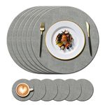 KERYCHIN 6 Round Leather Placemats(34cm) and 6 Coasters(10cm) Set, Heat-Resistant 212 °F Place mats, Non-Slip and Washable, Table mats for Kitchen, Hotel, Restaurant, Glass Dining Table, (Grey)