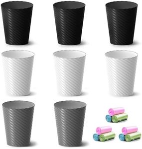 Bathroom Trash Can, 8 Pack 1.8 Gallons Small Trash Can with Trash Bags, Bathroom Garbage Can, Plastic Trash Bin, Round Waste Basket for Bedroom, Office, Kitchen, Room, Compact Space (White Black Grey)