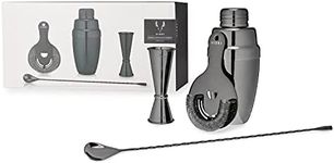 Viski Gunmetal Bartender Kit, Drink Mixers for Cocktails Gift Essentials: Weighted Cobbler Shaker, Hawthorne Strainer, Weighted Barspoon, and Japanese-Style Double Jigger, 4pc Set, Black