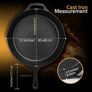 KICHLY 12" Cast Iron Skillet Frying Pan – Pre-Seasoned, Dual Handles, Induction Compatible