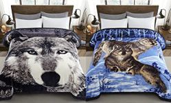 Marina Decoration Reversible 8 LB Oversized Heavy Woven Fluffy Plush Soft Warm Korean Style Mink 2 Ply Rich Printed Animal Flannel Fleece Throw Raschel Blanket, 78 x 86 Inch Wolf Pattern