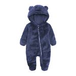 Kids Infant Boy Girl Hooded Bodysuit Bear Ear Playsuit Long Sleeve Zipper Romper Newborn Winter Warm Jumpsuit, Size 3, Blue, 0-3 Months