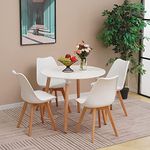 YULU Round Dining Table and Chairs Set 4, Small Kitchen Table Dining Chair with Cushions Modern PU Padded Seat Lounge and 90cm Table with Solid Wood Legs (White)