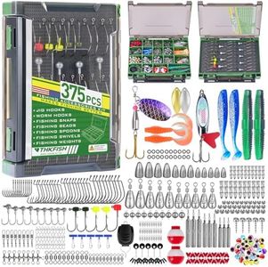 THKFISH 375pcs Fishing Accessories Kit, Double sided Organized Fishing Tackle Box with Tackle Included Hooks, Weights Sinkers, Bass Fishing Gear Gifts
