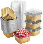 Zycozzn 50 Pcs Mini Square Baking Cups with Lids,5oz Aluminum Foil Mini Cake Pans with Lids,Disposable Ramekins Cake Pans,150ml Dessert Cups Cupcake Pans for Wedding Birthday Party,Gold