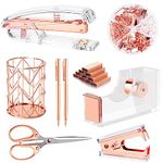 Famassi Rose Gold Desk Accessories，Office Supplies Set Acrylic Stapler Set Staple Remover, Tape Holder, 2 Ballpoint Pen, Scissor, Binder/Paper Clips and 1000pcs Staples.