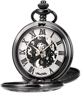 ManChDa Pocket Watch - Double Engraved Skeleton Dial Retro Mens Mechanical Watch Golden Movement with Chain + Gift Box, 2.silver, Spearmint