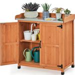 Yaheetech Garden Potting Bench Table - Outdoor Garden Patio Wooden Storage Cabinet & Solid Wood Planting Work Bench with Large Space Storage & Metal-Plated Tabletop, Brown