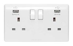 USB Double Wall Plug Socket 2 Gang 13A with 2 USB Charger Port Outlets White Socket Plate