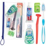 Practicon Adult Dental Care Kit, Travel Size Bundle w/Toothbrush with Cover, Crest Toothpaste, Floss, Tongue Cleaner and Scope Mouthwash, TSA Compliant Oral Care Kit