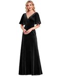 Ever-Pretty Women's Deep V-Neck Half Sleeves Backless A Line Velvet Maxi Mother of The Bride Dresses Black 28UK