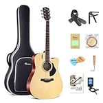 Rosen Acoustic Guitar 41 Inches 4/4 Solid Top Dreadnought Spruce Guitar Beginner Bundle with Book, Padded Bag, Strings, Picks, Tuner, Hexwrench, Strap, Polishing Cloth,natural