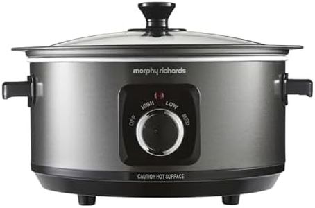 Morphy Richards 6.5L Sear and Stew Slow Cooker with Detachable Hinged lid, Shatter Resistant Aluminium Pot, 3 Heat Settings, Hob Proof, Easy Clean, 163W, Black, 461020