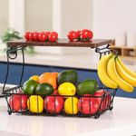 Wetheny Fruit Basket Wire Basket with Wood Top and Banana Hangers, Pantry, Kitchen Organizers and Storage - Cabinet, Countertop Organizing Space Saving - Fruit, Produce, Onion, Potato