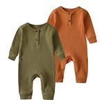 Newborn Infant Baby Boys Girls Long Sleeve Rompers Jumpsuit Unisex Button Knit Solid Ribbed Clothes - 0-3 Months (AmyGreen+Yellow)