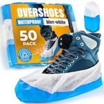 50 Overshoes Shoe Covers Boot Protectors, by H&S, Premium, 9 Grams Extra Strong, Thick Anti-Slip Sole Liquid-Proof, Frustration-Free, Disposable (Pack of 50 Overshoes, blue-white)