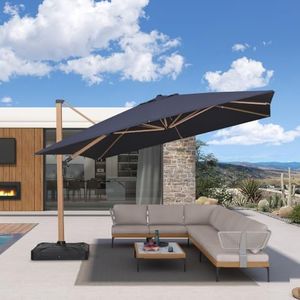 PURPLE LEAF 12FT Patio Umbrella Square Cantilever Umbrella Teak Finished Aluminum Frame Large Windproof Offset Outdoor Sun Umbrellas for Beach Pool Deck, Navy Blue