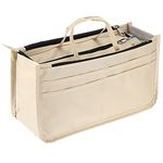 IGNPION Printed Insert Handbag Purse Organiser 13 Pockets Expandable Liner Bag Pouch Zipper Closure Tote Organiser Diaper Bag Insert with Handle (Beige