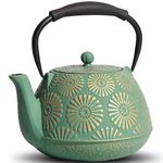 MILVBUSISS Cast Iron Teapot, 1200ml Large Capacity Tea Kettle with Infuser for Stove Top, Sakura Design Japanese Tea Pot for Loose Leaf Coated with Enameled Interior, Silicone Handle 40oz Green