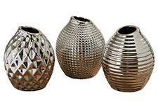 Iconic Scandinavian Style Vases, Set of 3, 1 Faceted, 1 Ringed and 1 Diamond Pattern, Silver Glazed Stoneware, Gourd Shaped, 5 Inches High