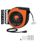 WILAWELS Retractable Cord Reel, 60 FT (18.29M) Heavy Duty Extension Cord, 12AWG/3C SJTOW, 3 Grounded Outlets Lighted Triple Tap, 15A Circuit Breaker, Wall/Ceiling Mounted, UL Listed, Orange B60CR06