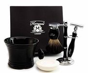 Pure Badger Hair Shaving Set In Black.The Set Contains Shaving Brush,4 Different Type of Razor To choose, Shaving Brush & Razor Holder,Shaving Mug with soap.Perfect For HIM (De Safety Razor)