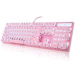Typewriter Style Mechanical Gaming Keyboard, Pink Retro Punk Gaming Keyboard with White Backlit, 104 Keys Blue Switch Wired Cute Keyboard, Round Keycaps for Windows/Mac/PC