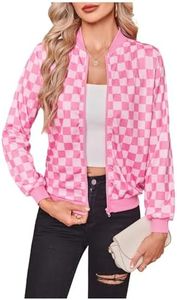 WDIRARA Women's Zip Front Plaid Print Long Sleeve Stand Collar Casual Jacket Checkered Pink X-Small