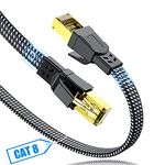 Cat 8 Ethernet Cable 15ft,Nylon Braided High Speed 26AWG 40Gbps 2000Mhz SFTP Flat Patch Cord, Cat8 LAN Internet Network RJ45 Cord-Shielded in Wall, Outdoor for Router,Modem, Gaming,PC,PS5