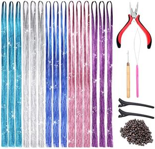 Goabroa Hair Tinsel Kit with Tools, 47 Inches 5 Colors 2550 Strands Heat Resistant Glitter Hair Extensions, Sparkling Shiny Fairy Hair Tinsel (Lake Blue, Royal Blue, Pink, Purple, Silver)