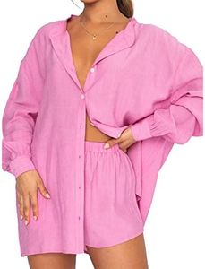 Flygo Women Summer Casual 2 Piece Outfits Button Down Shirt Blouse High Waist Shorts Tracksuit Set(Pink-M)
