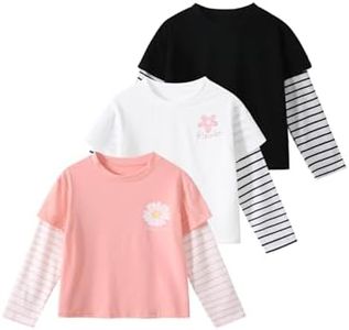 Fdqin Girls Long Sleeve Graphic Tops 3 Packs Stripe Shirt Cute Trendy Tees for Spring, Fall Black White Pink 11-12Years