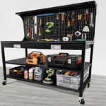 TackView 60" Adjustable Work Bench with Wheels, Heavy Duty Garage Workbench 2000 lbs, Tool Cart with Drawer & Pegboard, Rubber Wood Work Table for Garage