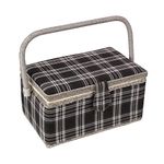 Sewing Basket with Floral Print Design - Sewing Kit Storage Box with Removable Tray, Built-in Pin Cushion and Interior Pocket - by Adolfo Design (Large - 12" x 9" x 6", Black Plaid)